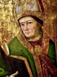 Old oil painting of Saint-Blaise in gold, yellow and green colours